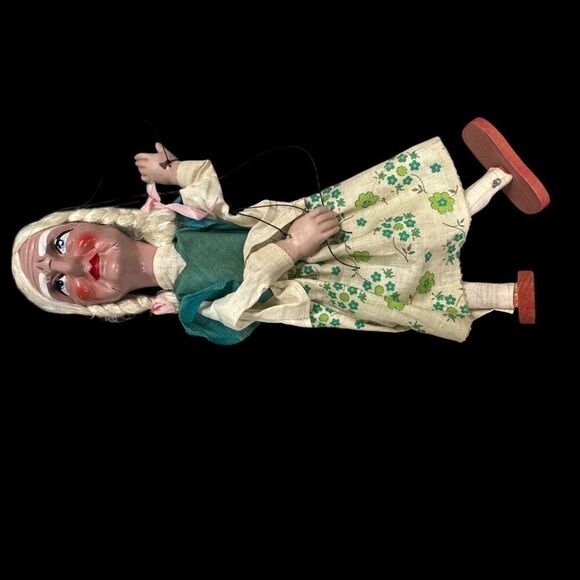 VTG Handmade Czech Marionette Puppet Grandma Blonde Grey Hair Braid Floral Dress - Picture 4 of 10
